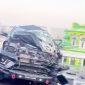 Kondisi Mobil Toyota Fortuner hitam yang dikemudikan oleh IRT di Makassar usai mengalami kecelakaan di ruas Jalan Tol Reformasi KM 4, Kota Makassar, Sulawesi Selatan (Sulsel), pada Senin (24/7/2023) sekitar pukul 06:15 Wita, pagi.(Kompas.com)