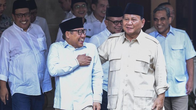 Ketum Partai Gerindra Prabowo Subianto (kanan) berbincang dengan Ketum PKB Muhaimin Iskandar (kiri) di Jakarta beberapa waktu lalu (CNN INDONESIA)